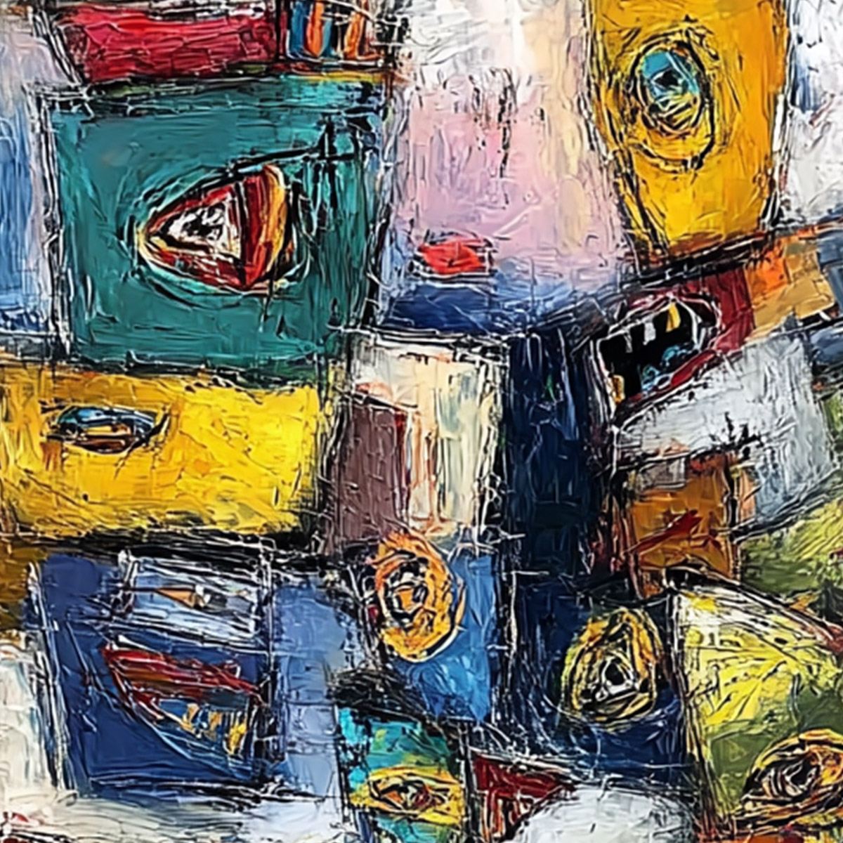 Urban Carnival: Colorful Textured Abstract Cityscape Oil Painting