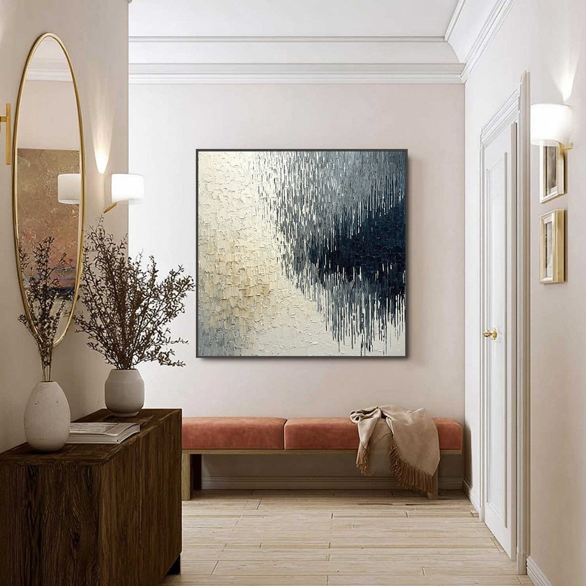 URBAN CASCADE: Large Square Textured Monochrome Abstract Painting
