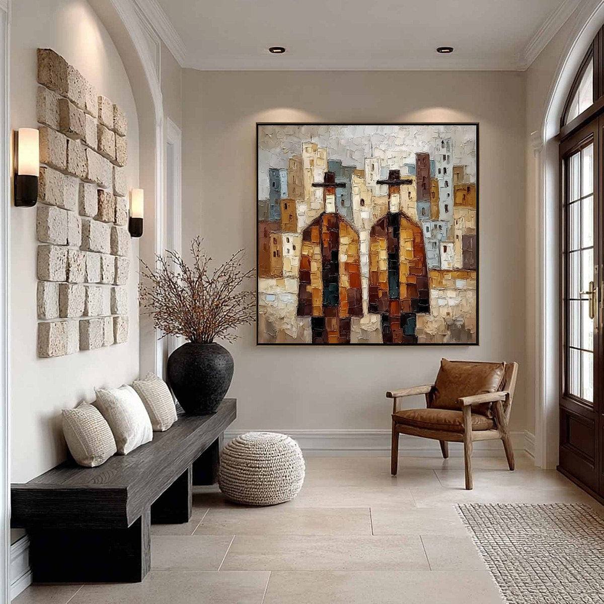 URBAN COMPANIONS: Textured Figurative Cityscape Palette Knife Painting