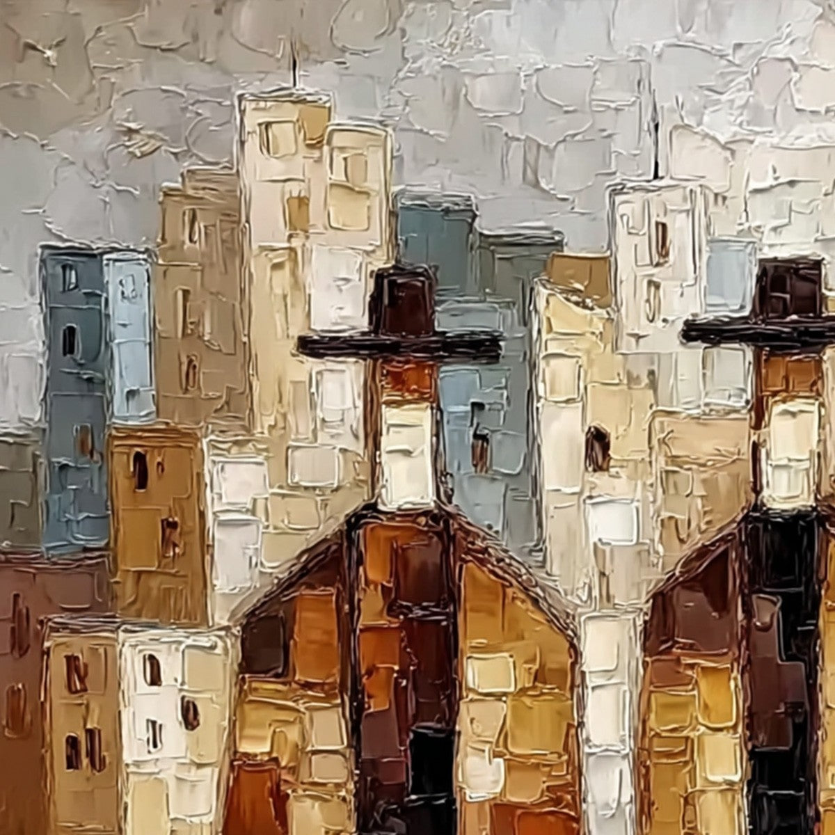 URBAN COMPANIONS: Textured Figurative Cityscape Palette Knife Painting