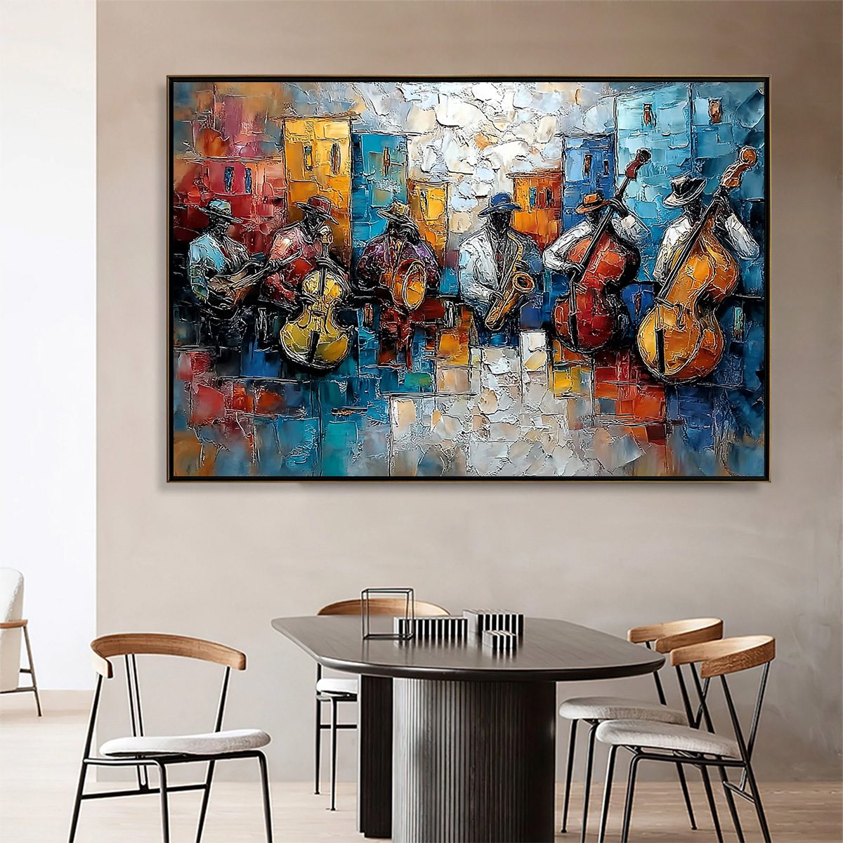 Urban Melody: Textured Jazz Band Oil Painting for Wall Art