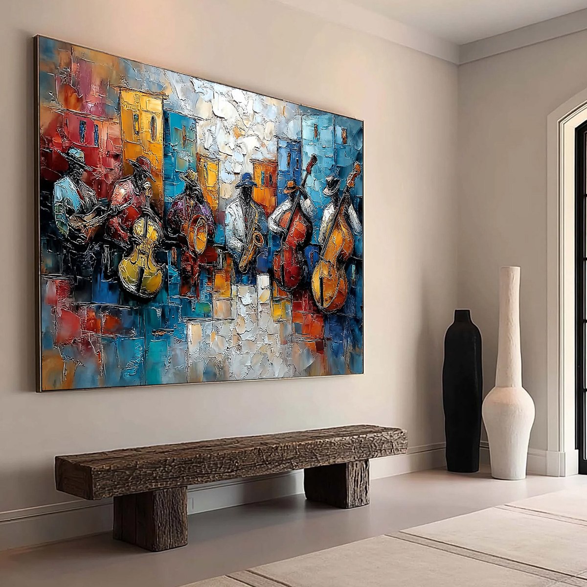 Urban Melody: Textured Jazz Band Oil Painting for Wall Art