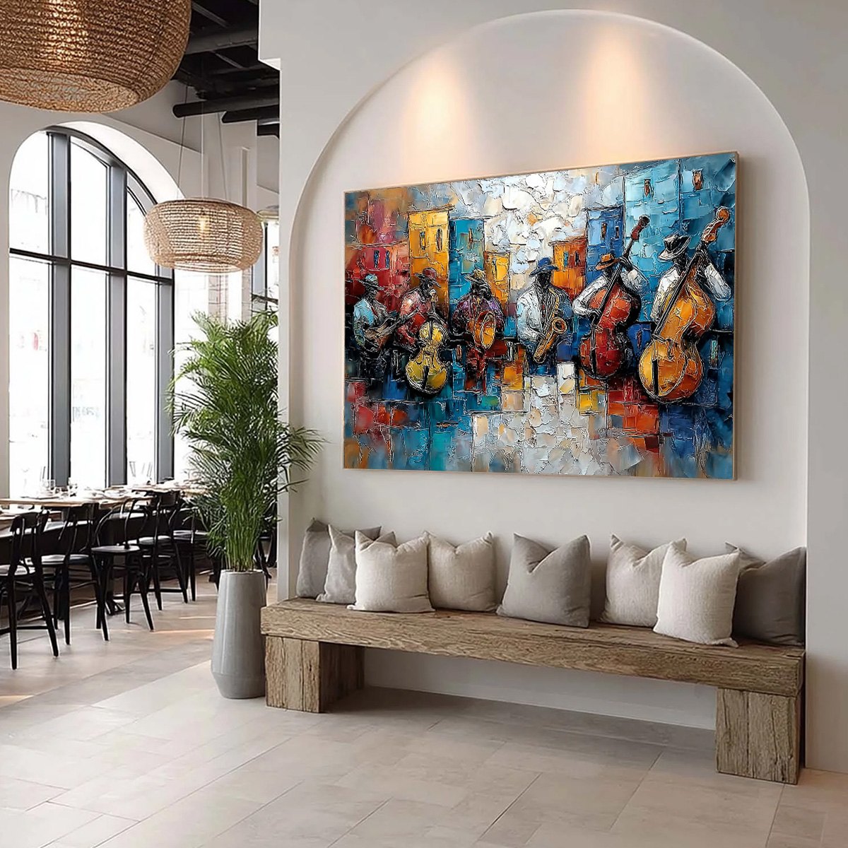 URBAN MELODY: Textured Impasto Painting of a Jazz Band Street Performance