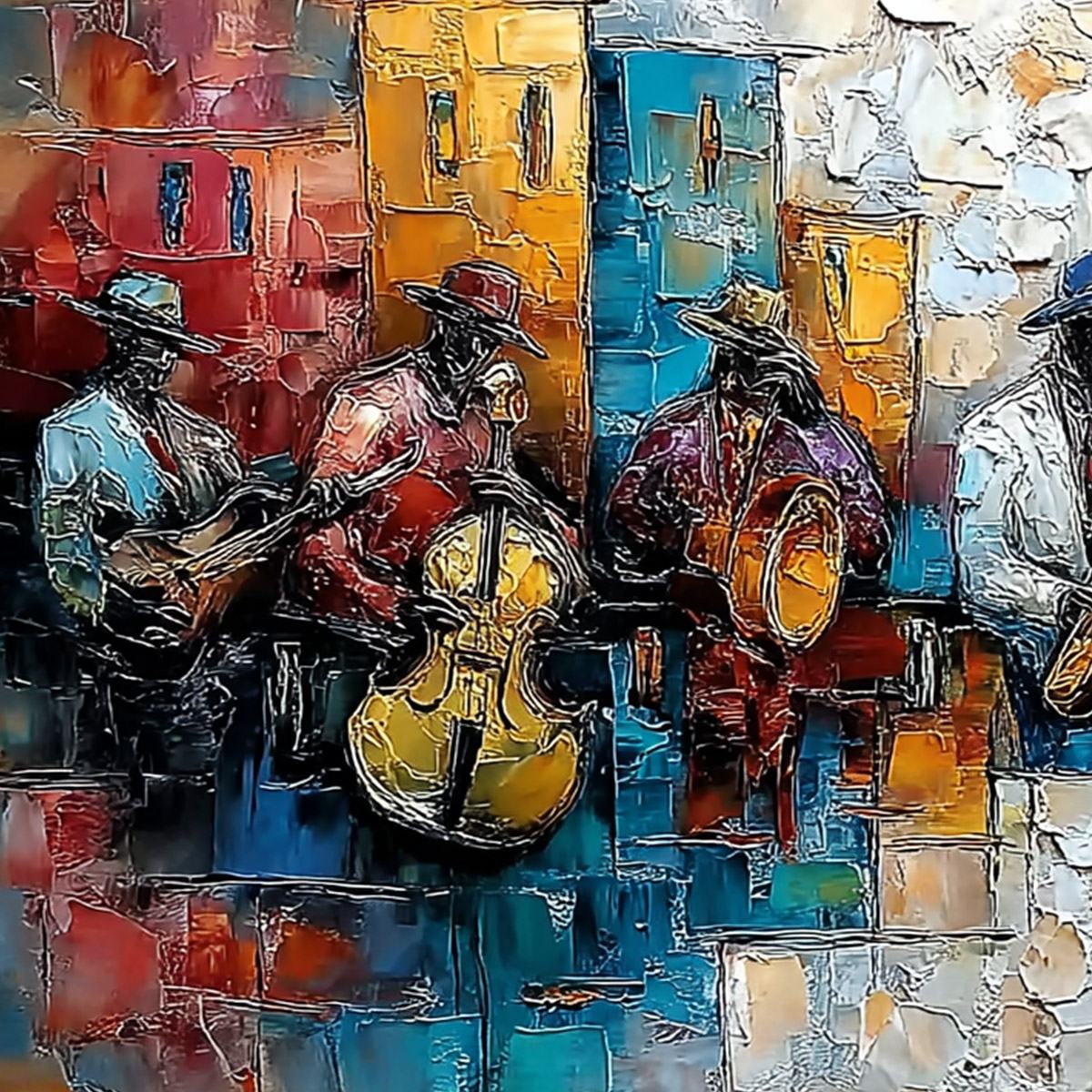 絵画 JAZZ ART Urban Melody: Textured Jazz Band Oil Painting for Wall Art – MontCarta