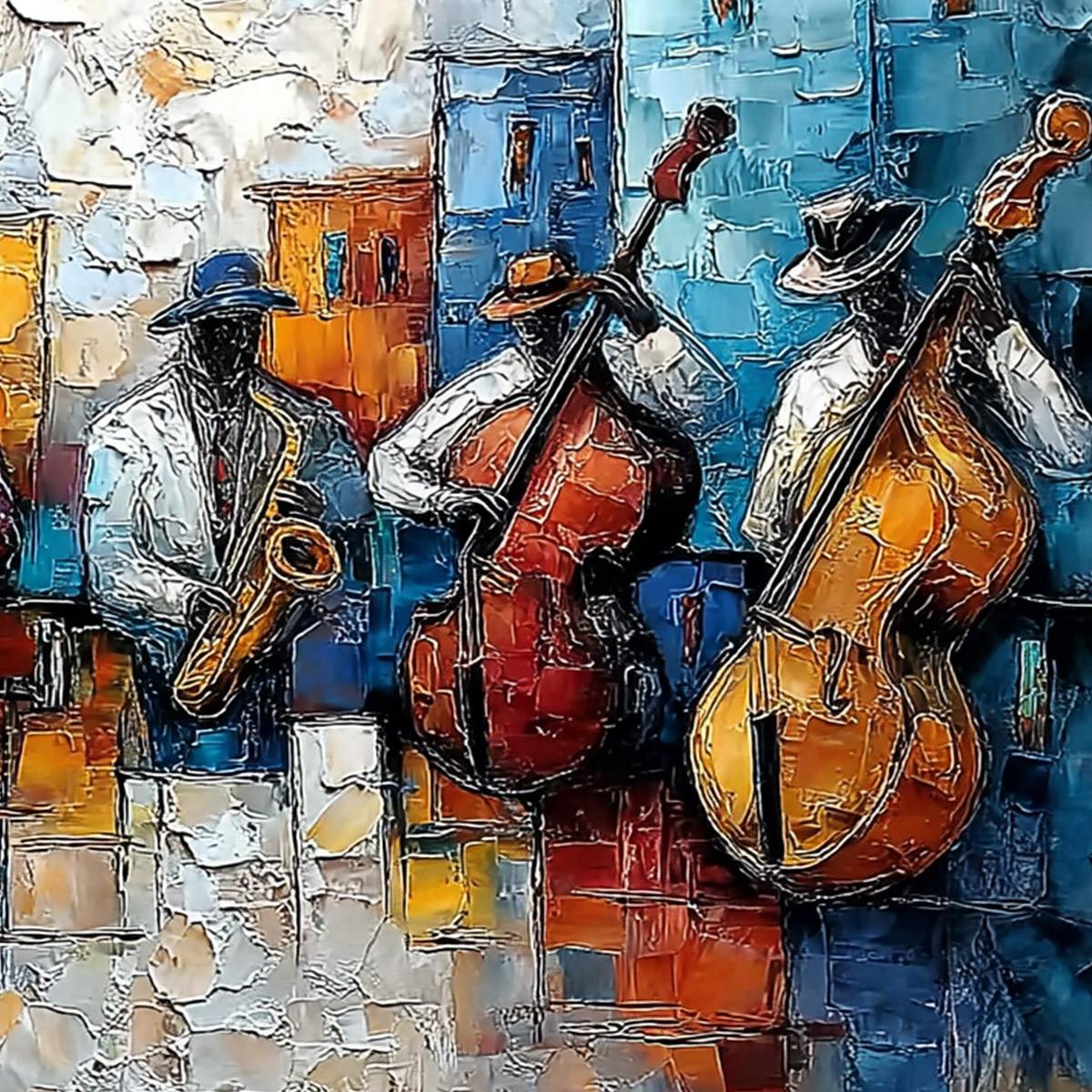 Urban Melody: Textured Jazz Band Oil Painting for Wall Art