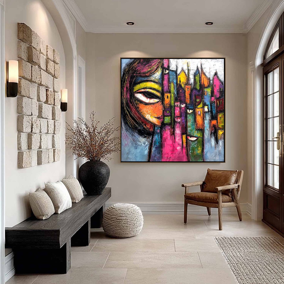 URBAN MUSE: Large Colorful Abstract Portrait and Cityscape Painting