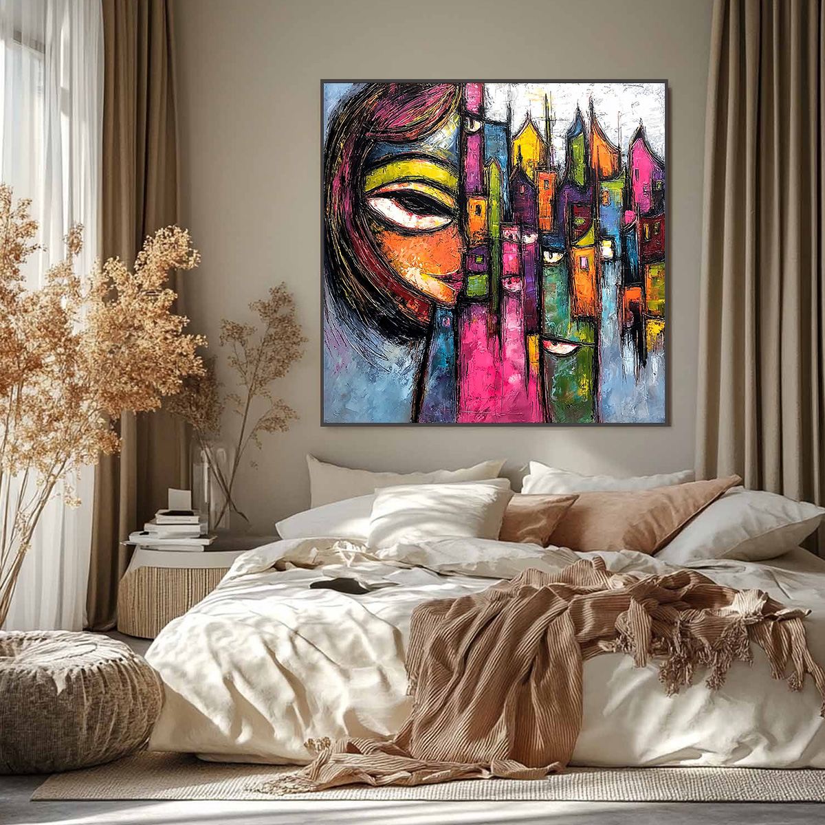 URBAN MUSE: Large Colorful Abstract Portrait and Cityscape Painting