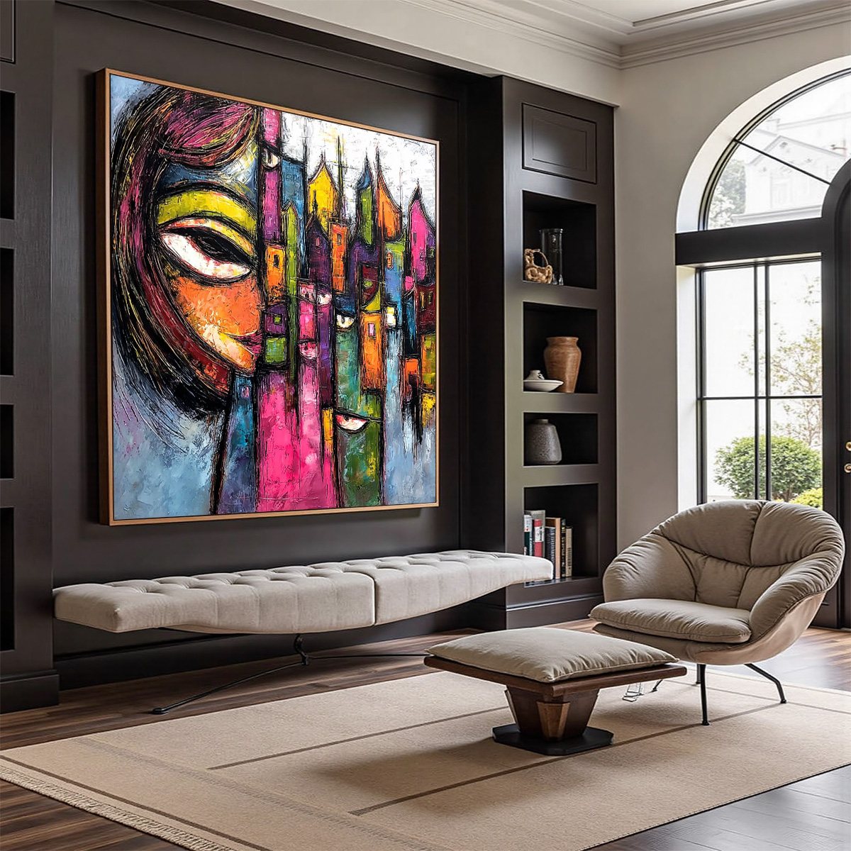 URBAN MUSE: Large Colorful Abstract Portrait and Cityscape Painting