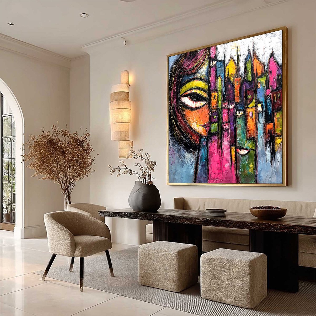 URBAN MUSE: Large Colorful Abstract Portrait and Cityscape Painting