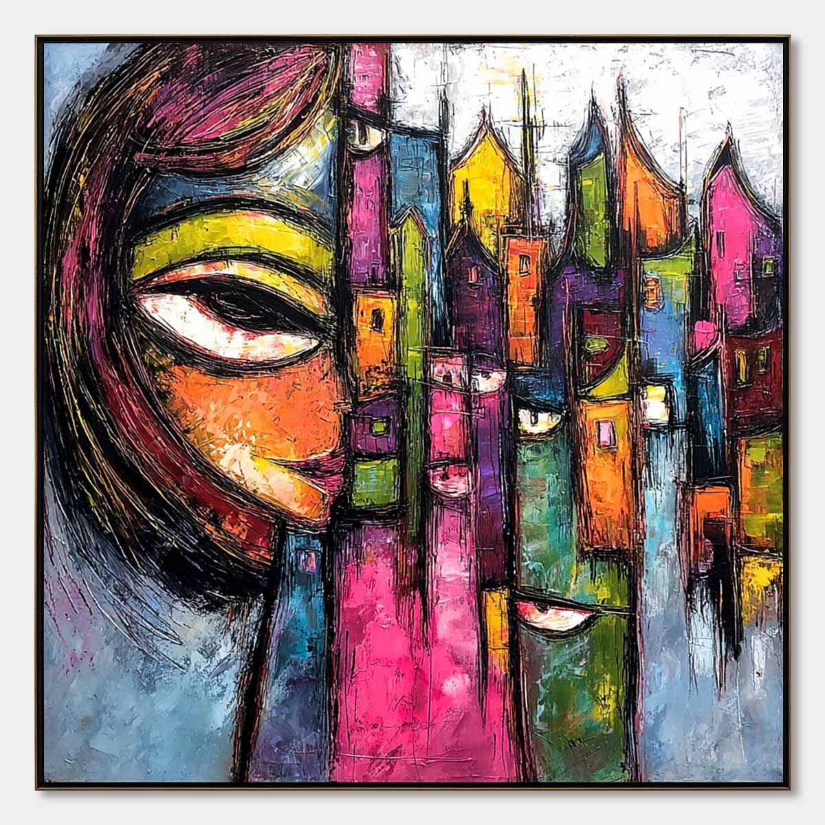 URBAN MUSE: Large Colorful Abstract Portrait and Cityscape Painting