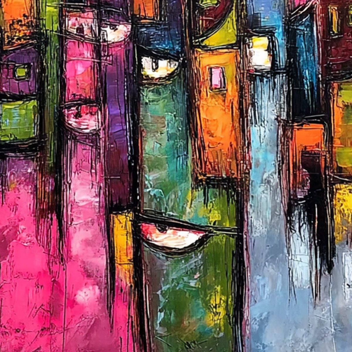 URBAN MUSE: Large Colorful Abstract Portrait and Cityscape Painting