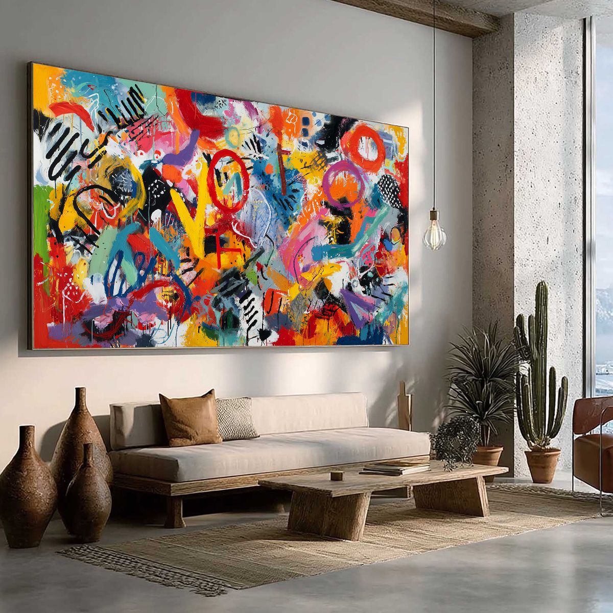 Urban Pulse: Large Colorful Abstract Graffiti Oil Painting for