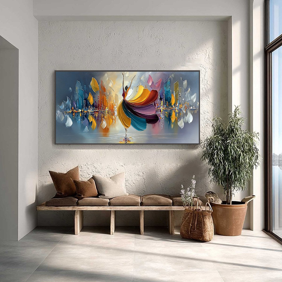 Urban Rhapsody: Textured Dancer & Cityscape Oil Painting – MontCarta