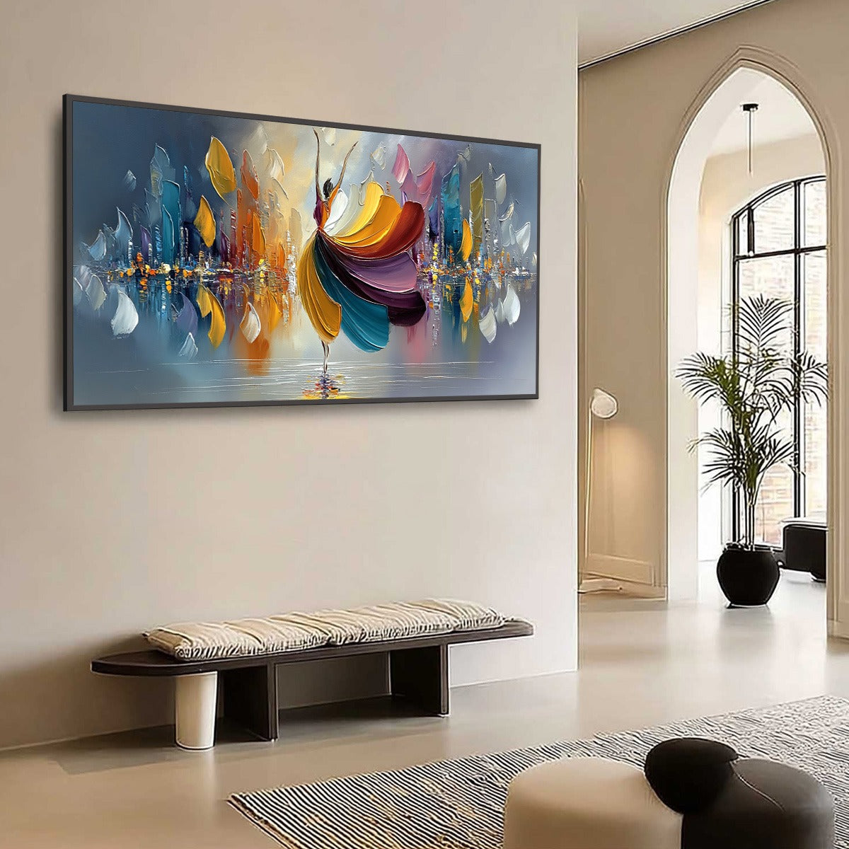 URBAN RHAPSODY: Textured Palette Knife Painting of a Dancer in a Cityscape