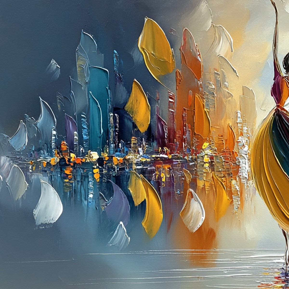 Urban Rhapsody: Textured Dancer & Cityscape Oil Painting – MontCarta
