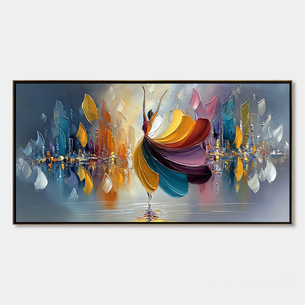 Urban Rhapsody: Textured Dancer & Cityscape Oil Painting – MontCarta
