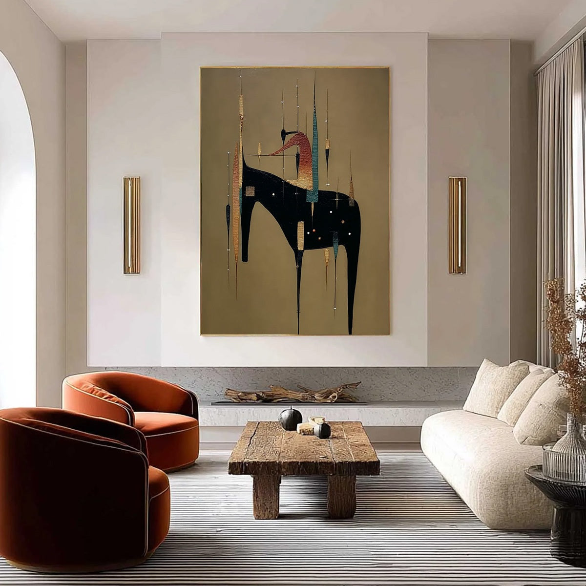 URBAN SENTINEL: Vertical Minimalist Abstract Painting with Textured Cityscape Elements