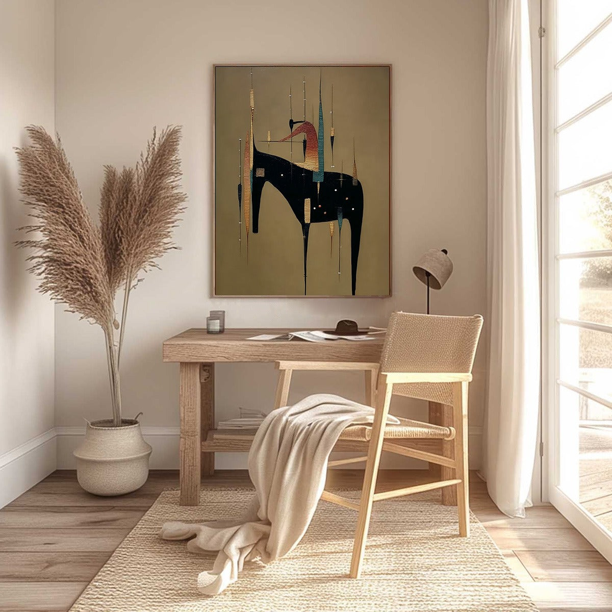 URBAN SENTINEL: Vertical Minimalist Abstract Painting with Textured Cityscape Elements