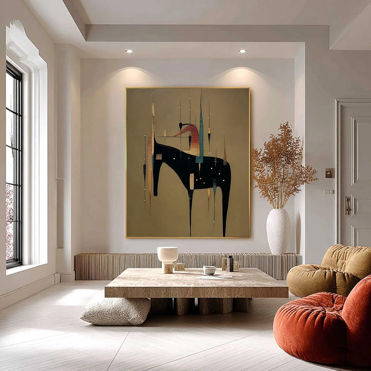 URBAN SENTINEL: Vertical Minimalist Abstract Painting with Textured Cityscape Elements