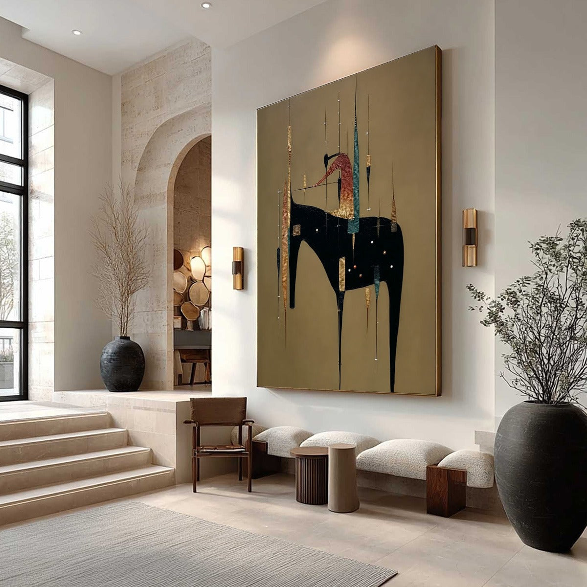 URBAN SENTINEL: Vertical Minimalist Abstract Painting with Textured Cityscape Elements