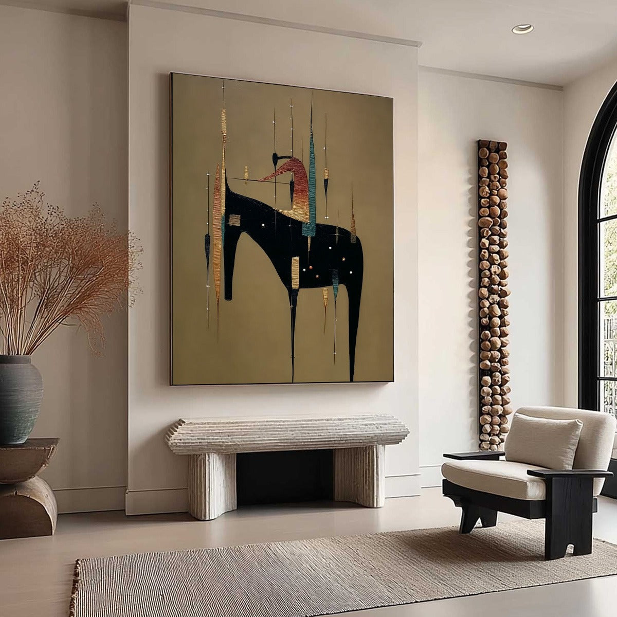 URBAN SENTINEL: Vertical Minimalist Abstract Painting with Textured Cityscape Elements