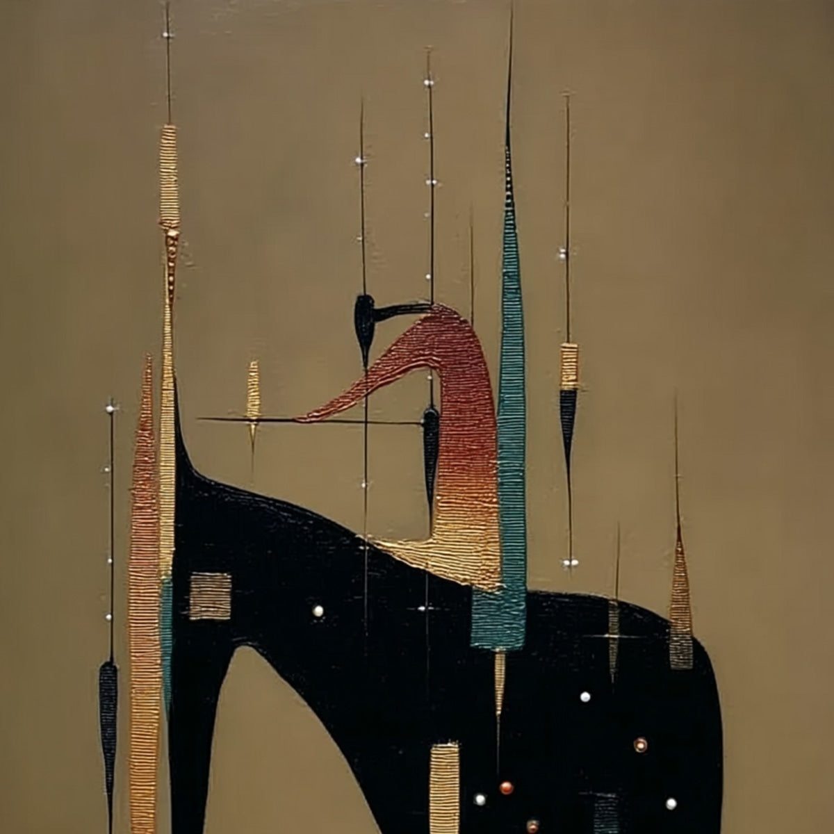 URBAN SENTINEL: Vertical Minimalist Abstract Painting with Textured Cityscape Elements