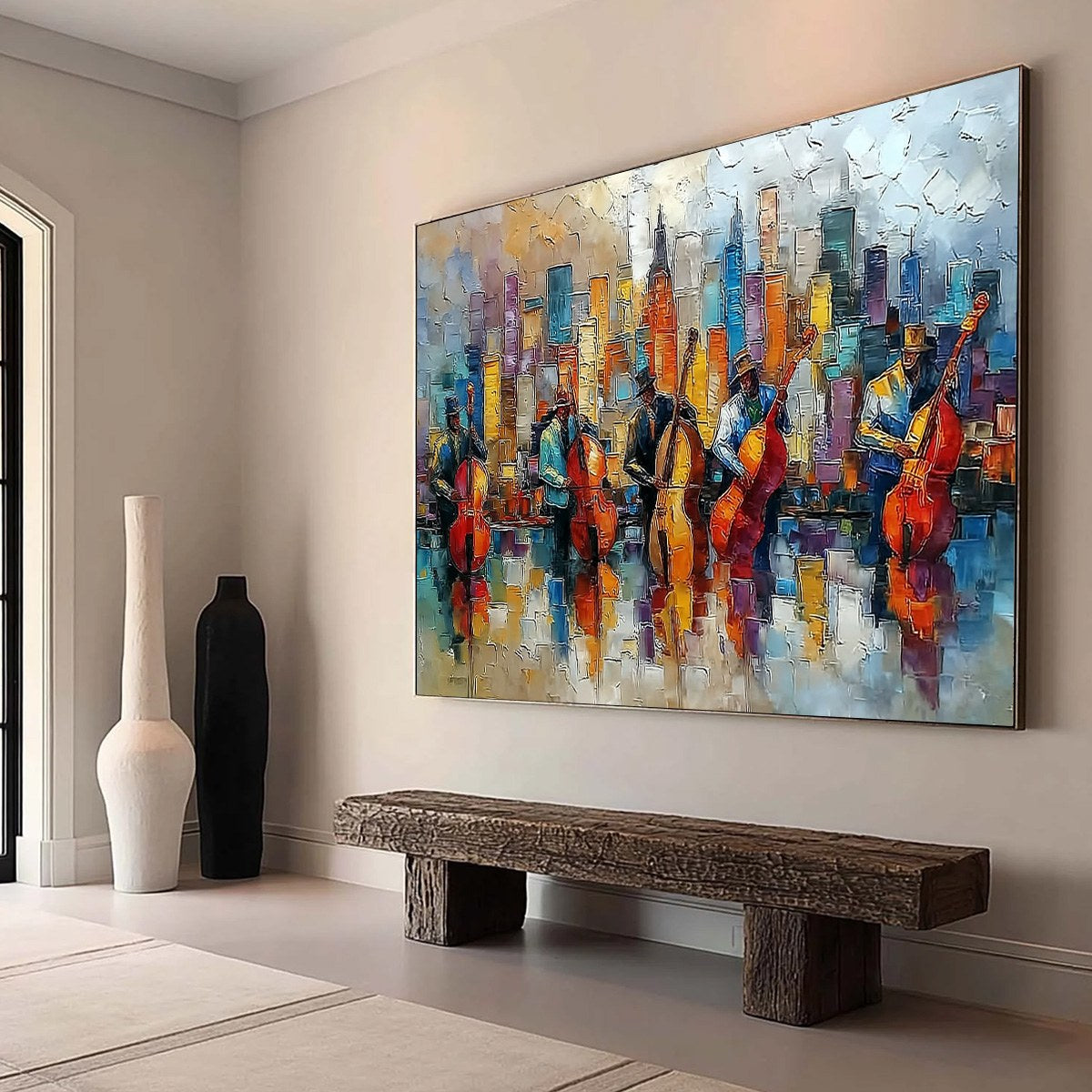 URBAN SERENADE: Textured Palette Knife Cityscape Jazz Painting