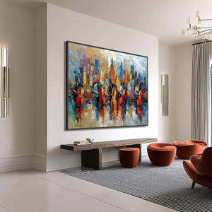 URBAN SERENADE: Textured Palette Knife Cityscape Jazz Painting