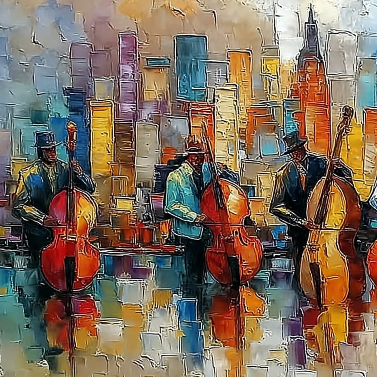 URBAN SERENADE: Textured Palette Knife Cityscape Jazz Painting
