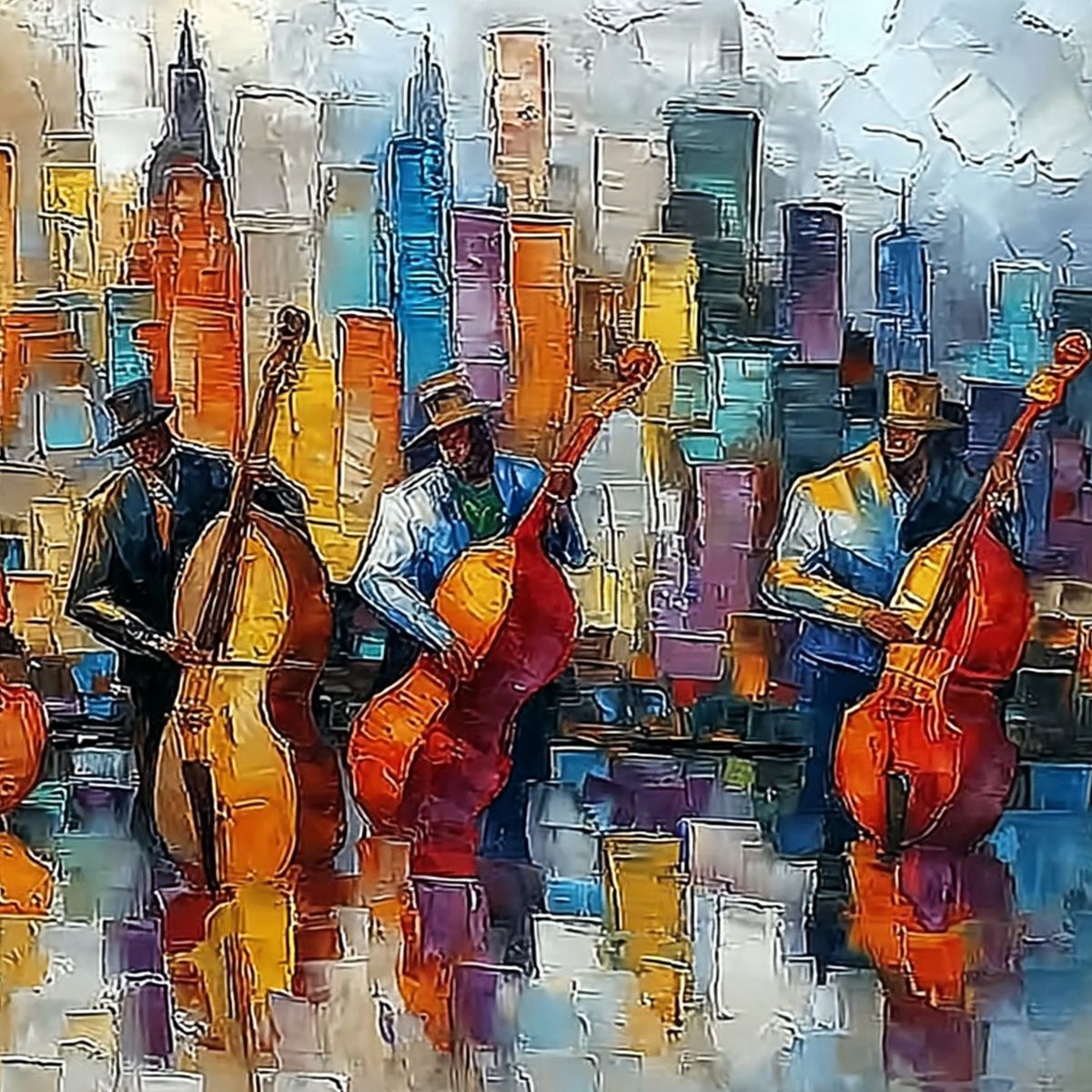 URBAN SERENADE: Textured Palette Knife Cityscape Jazz Painting