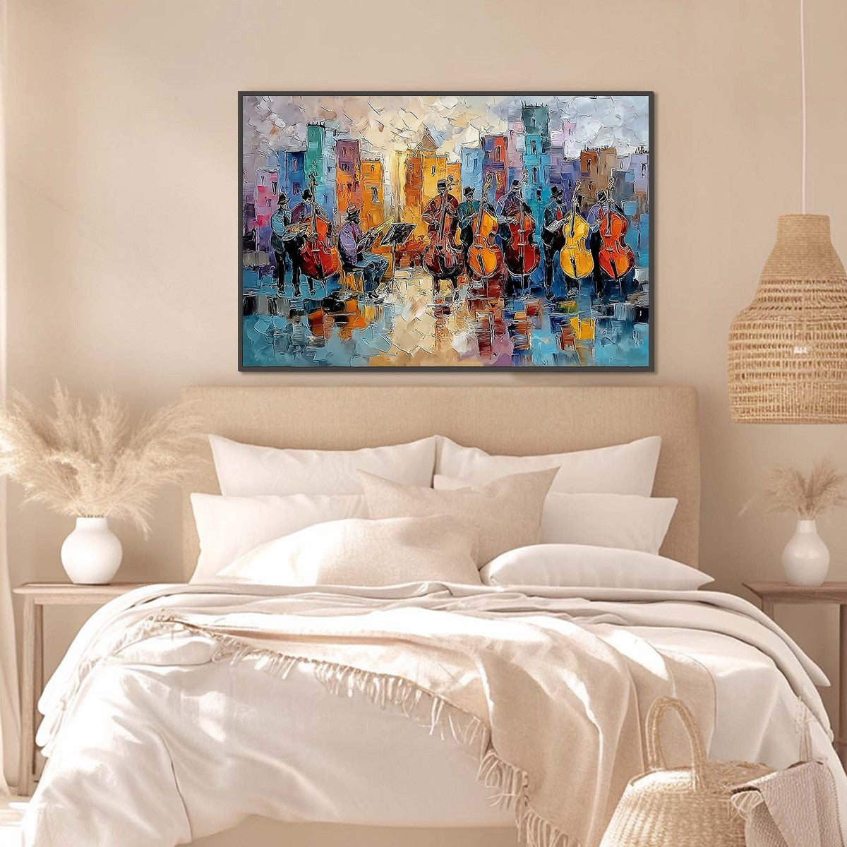 Urban Serenade: Textured Cityscape Musicians Oil Painting Wall Art