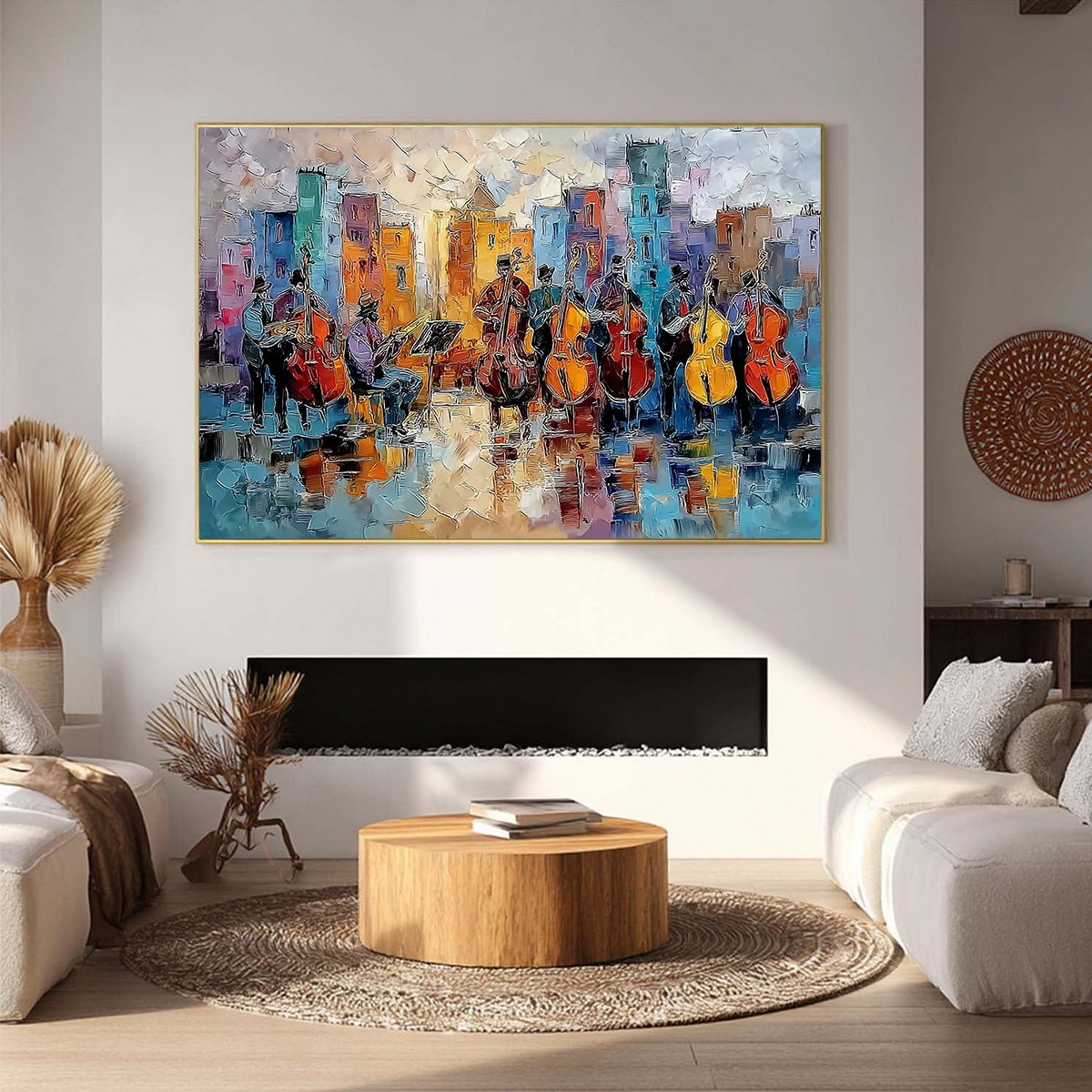 Urban Serenade: Textured Cityscape Musicians Oil Painting Wall Art