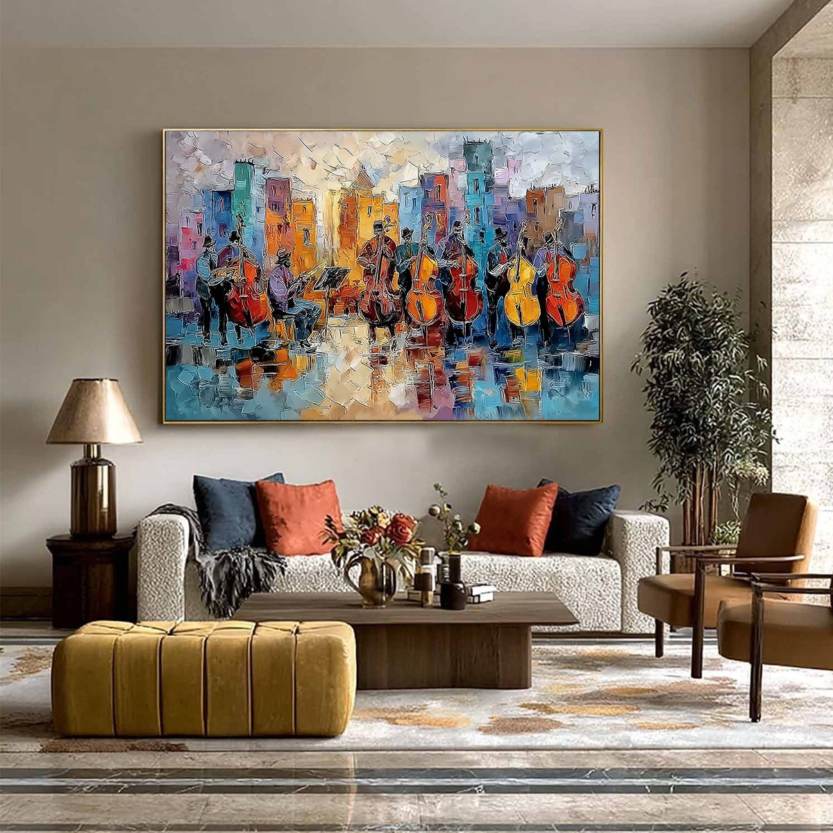 Urban Serenade: Textured Cityscape Musicians Oil Painting Wall Art