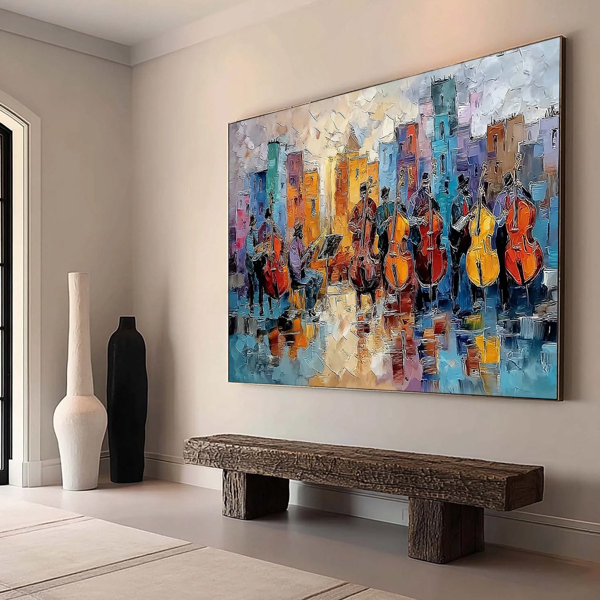 Urban Serenade: Textured Cityscape Musicians Oil Painting Wall Art