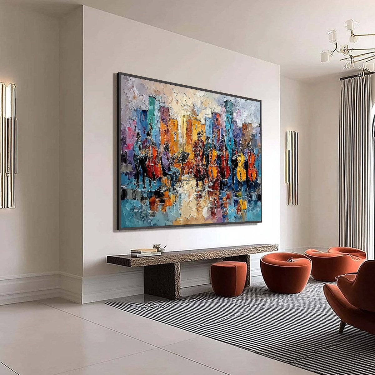 アート・デザイン・音楽 Urban Living: The Individual in the City Urban Serenade: Textured Cityscape Musicians Oil Painting Wall Art