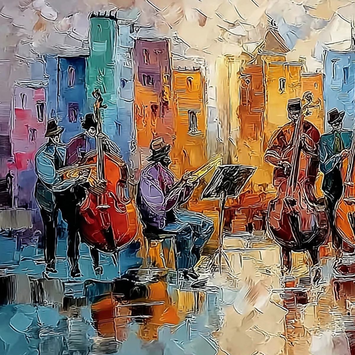 アート・デザイン・音楽 21 Photographes Contemporains en Europe Urban Serenade: Textured Cityscape Musicians Oil Painting Wall Art