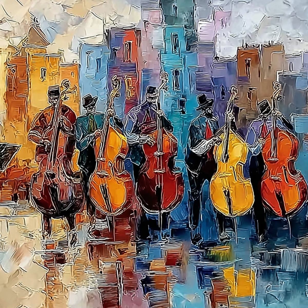 URBAN SERENADE: Textured Palette Knife Painting of City Musicians