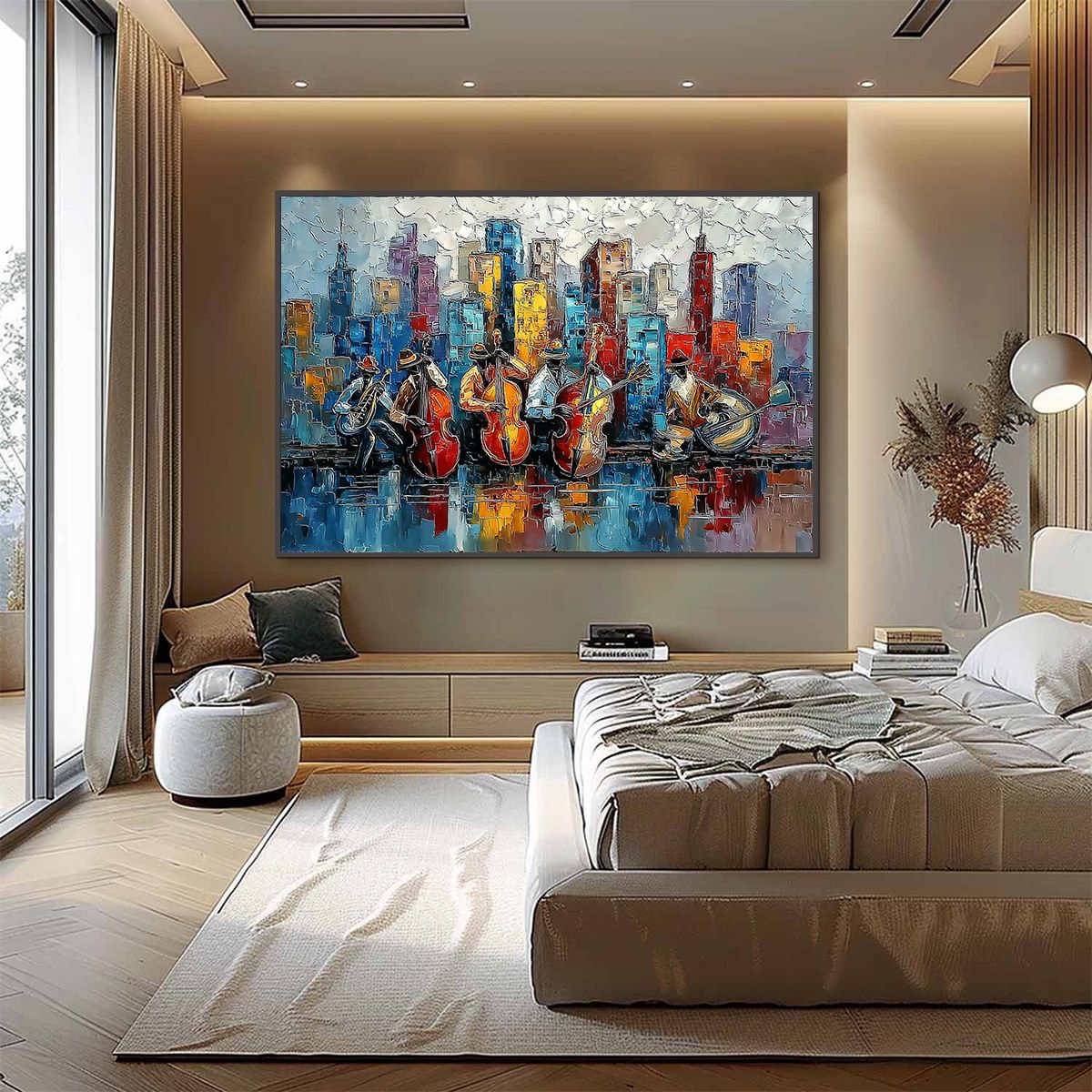 URBAN SERENADE: Textured Palette Knife Painting of Jazz Musicians and Cityscape