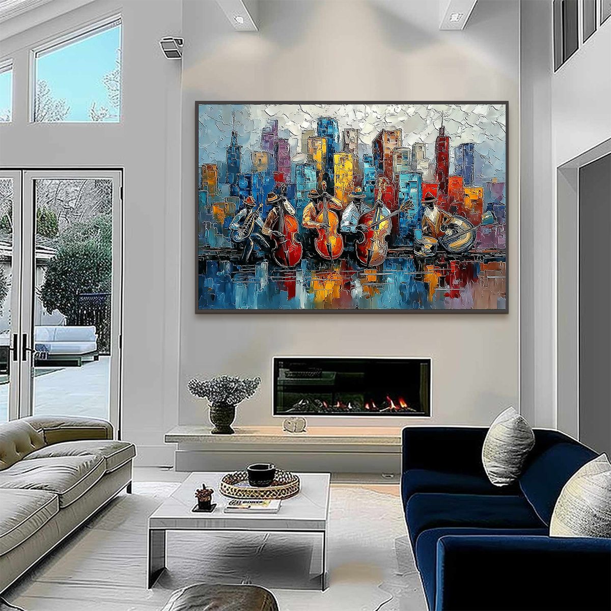 Urban Serenade: Textured Jazz Music Cityscape Oil Painting – MontCarta