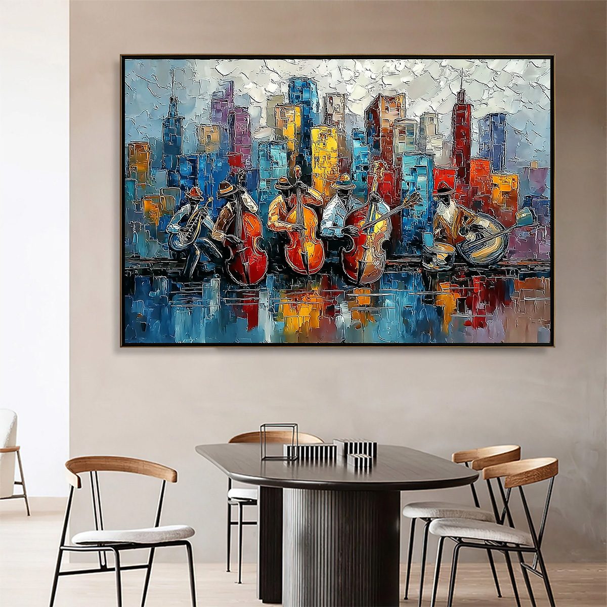 Urban Serenade: Textured Jazz Music Cityscape Oil Painting