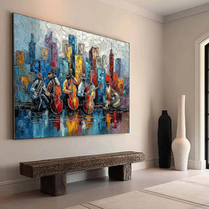 URBAN SERENADE: Textured Palette Knife Painting of Jazz Musicians and Cityscape