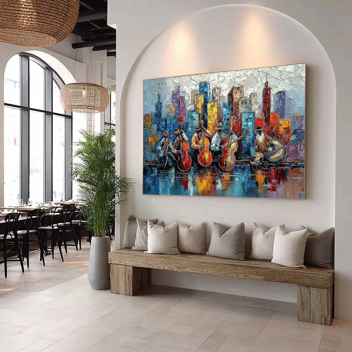 URBAN SERENADE: Textured Palette Knife Painting of Jazz Musicians and Cityscape