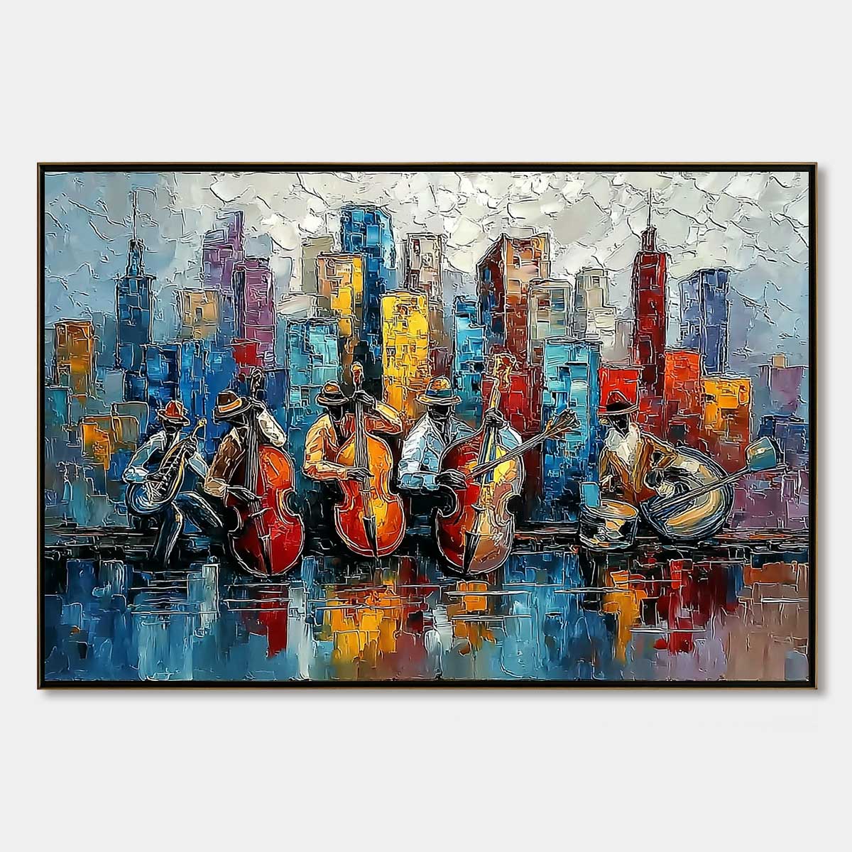 Urban Serenade: Textured Jazz Music Cityscape Oil Painting