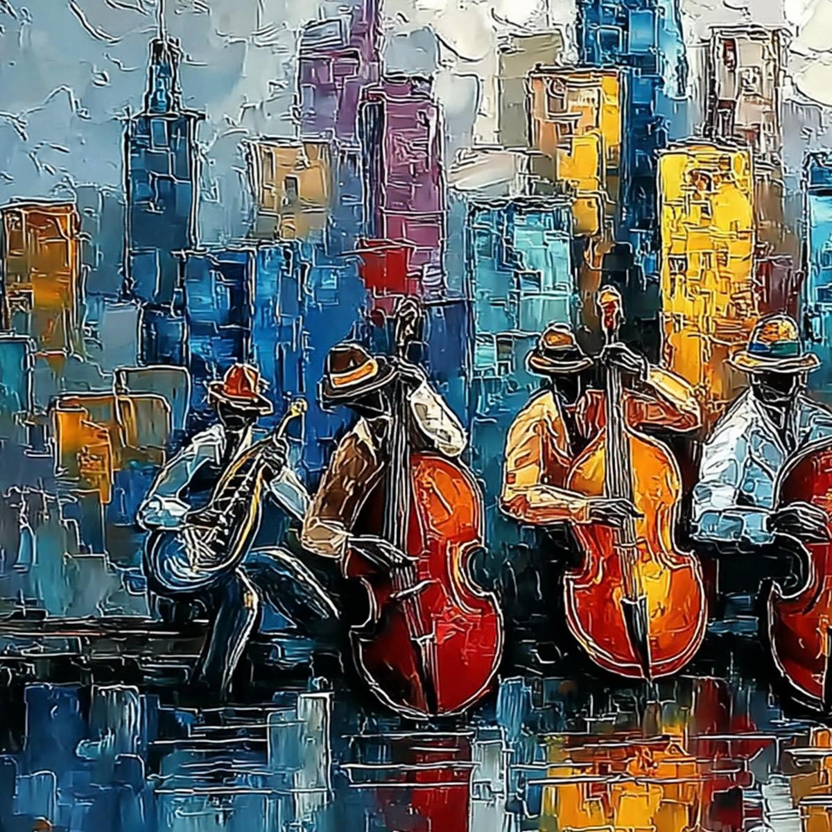 Urban Serenade: Textured Jazz Music Cityscape Oil Painting – MontCarta