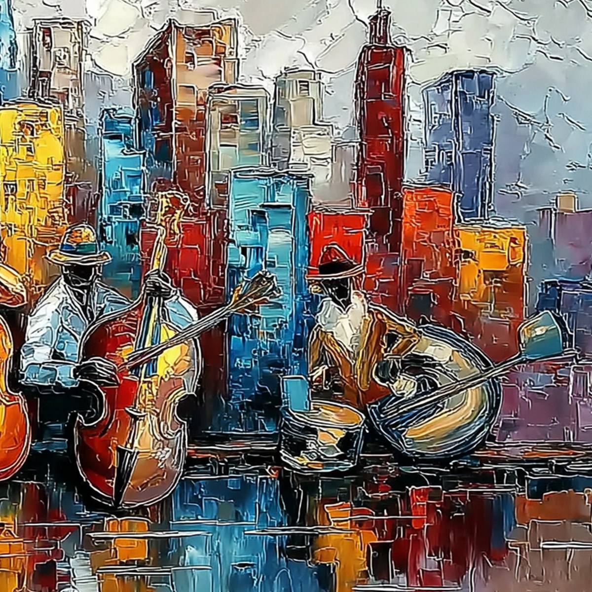 URBAN SERENADE: Textured Palette Knife Painting of Jazz Musicians and Cityscape
