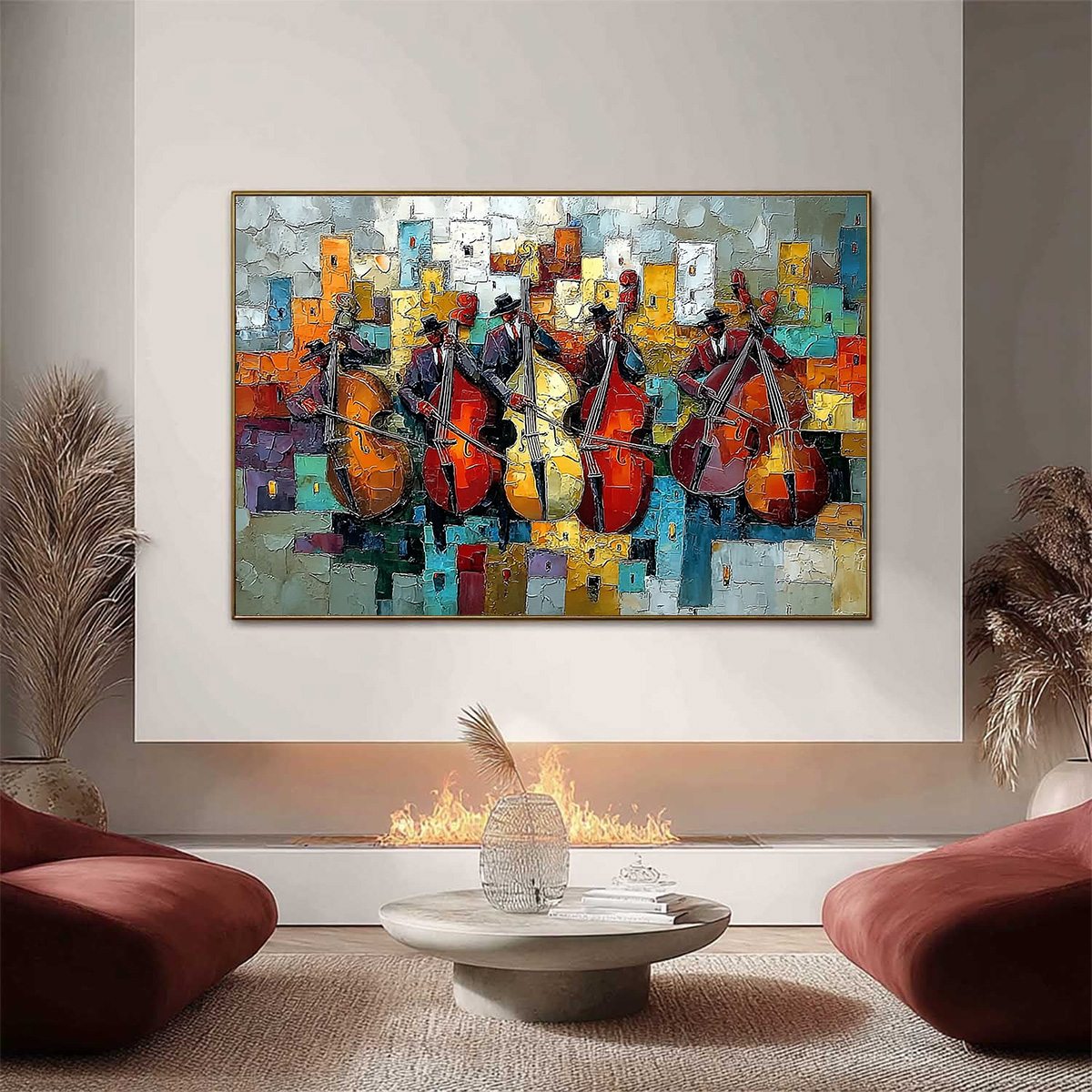 URBAN SERENADE: Vibrant Palette Knife Painting of Musicians in Cityscape