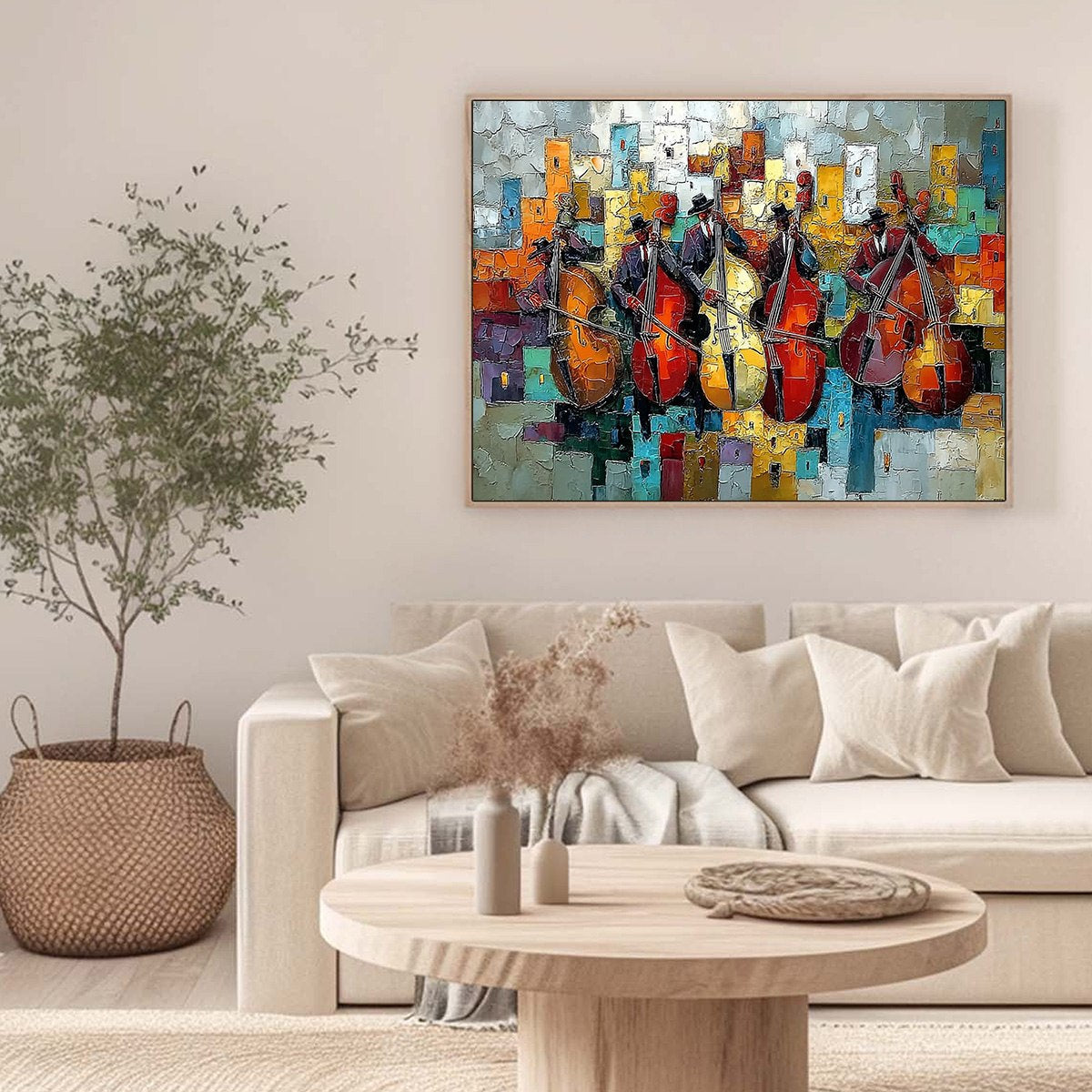 URBAN SERENADE: Vibrant Palette Knife Painting of Musicians in Cityscape