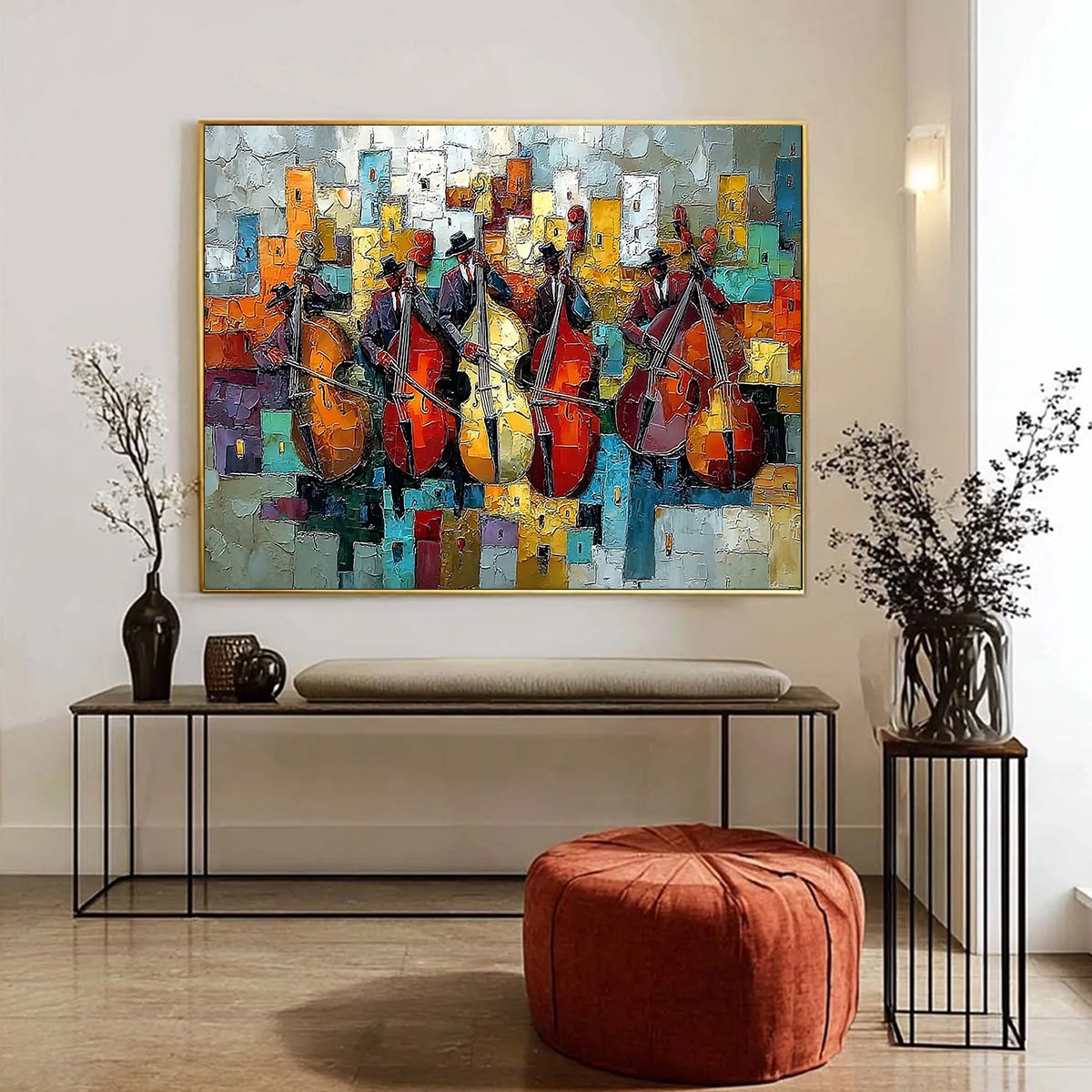 URBAN SERENADE: Vibrant Palette Knife Painting of Musicians in Cityscape