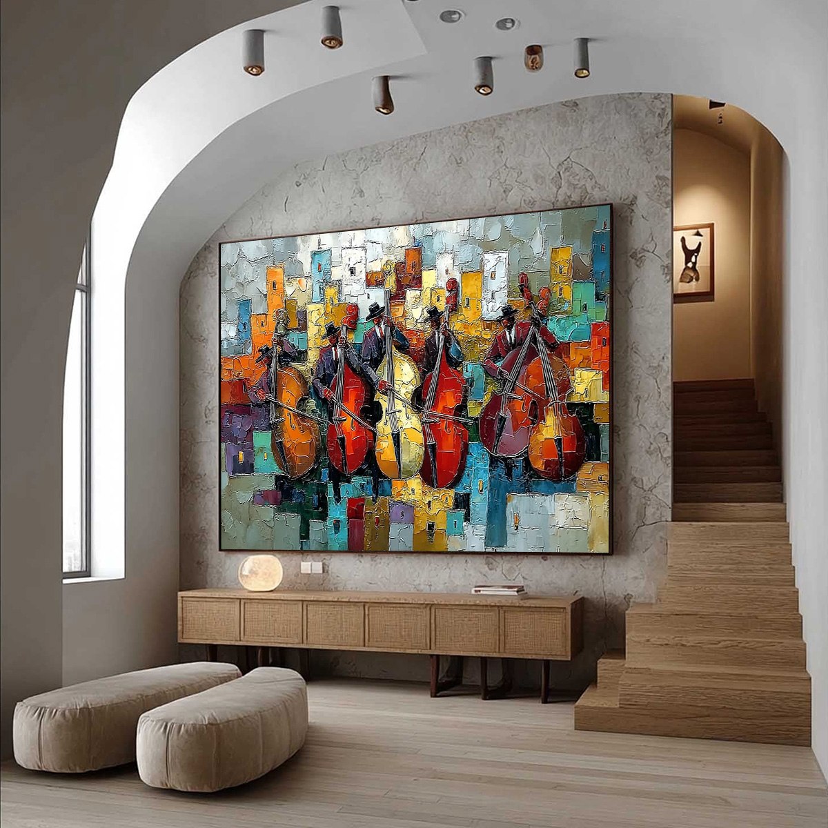 URBAN SERENADE: Vibrant Palette Knife Painting of Musicians in Cityscape
