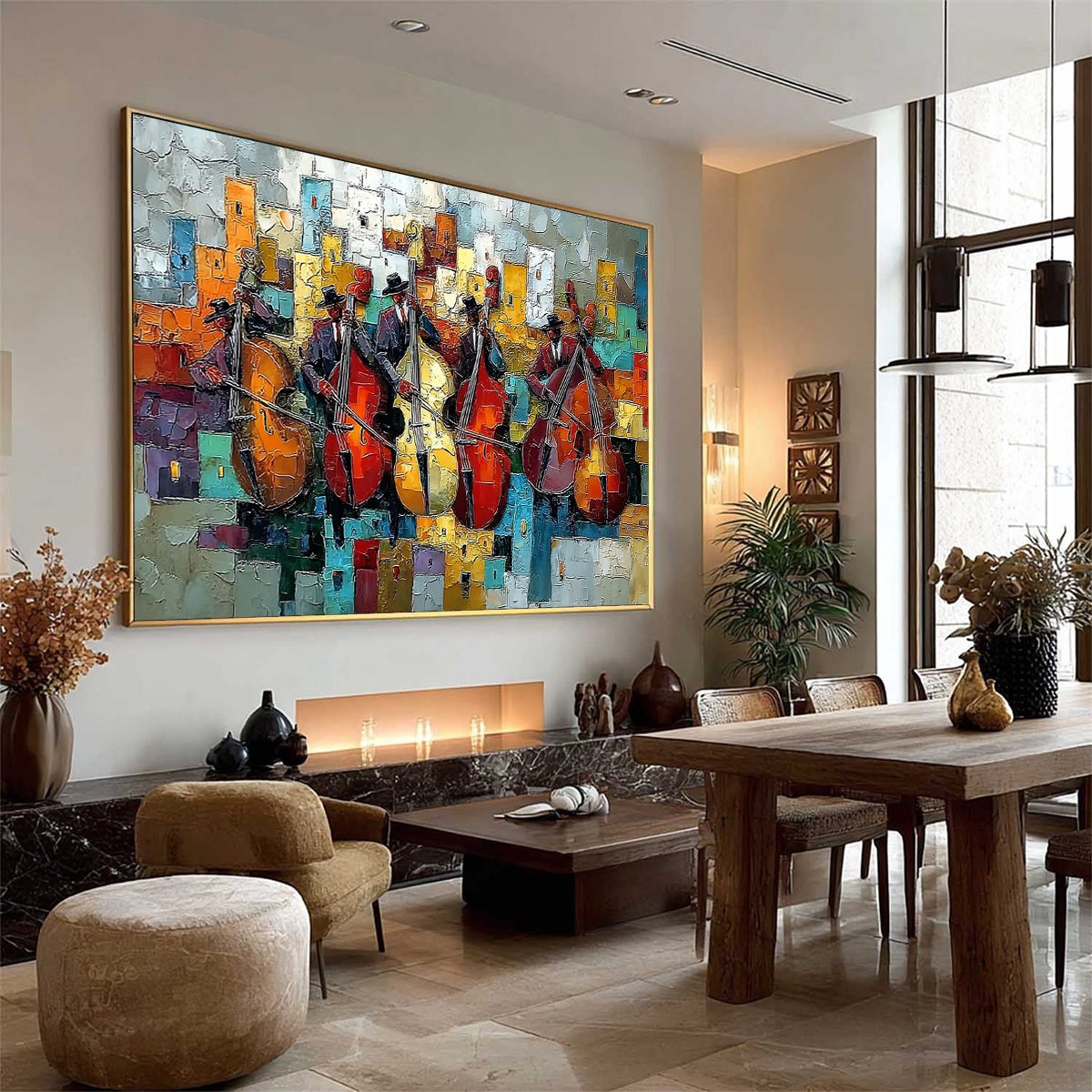 URBAN SERENADE: Vibrant Palette Knife Painting of Musicians in Cityscape